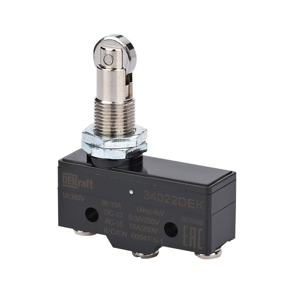 Изображение товара Миниатюрный концевой выключатель Dekraft 1НО1НЗ роликовый плунжерный 34022DEK