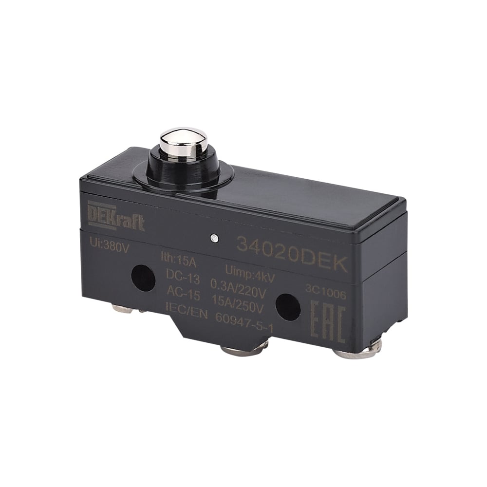 Изображение товара Миниатюрный концевой выключатель Dekraft 34020DEK 1НО1НЗ плунжерный тип IP 65