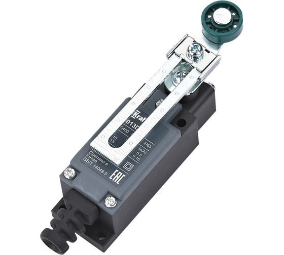 Изображение товара Концевой выключатель пластиковый DEKraft КВ-101, 1НО1НЗ, роликовый рычаг регулируемой длины из термопласта 34013DEK