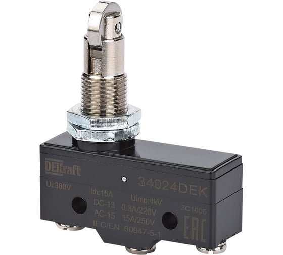Изображение товара Миниатюрный концевой выключатель Dekraft 1НО1НЗ рертикально установленный роликовый плунжерный тип 34024DEK