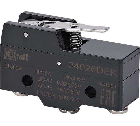 Изображение товара Миниатюрный концевой выключатель Dekraft 1НО1НЗ шарнирного типа с коротким рычагом 34026DEK