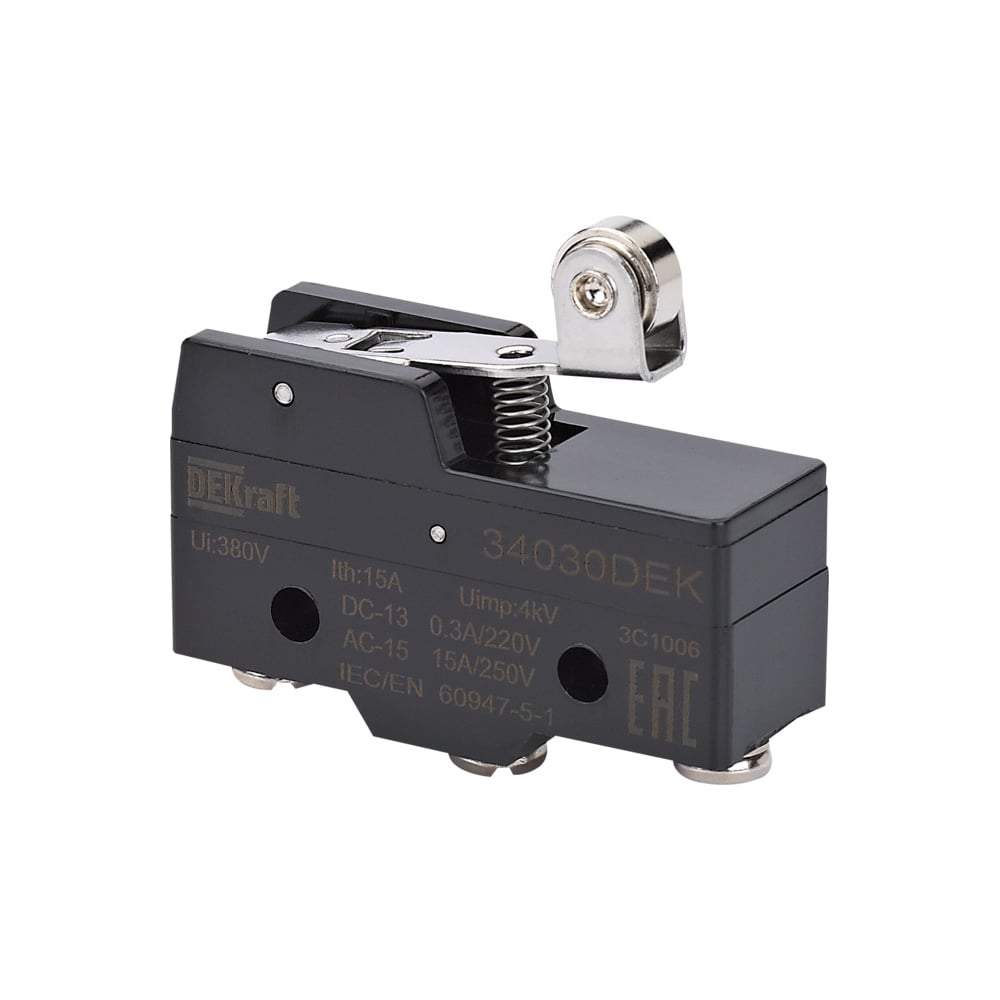 Изображение товара Миниатюрный концевой выключатель Dekraft 1НО1НЗ с металлическим роликом IP 65 34030DEK