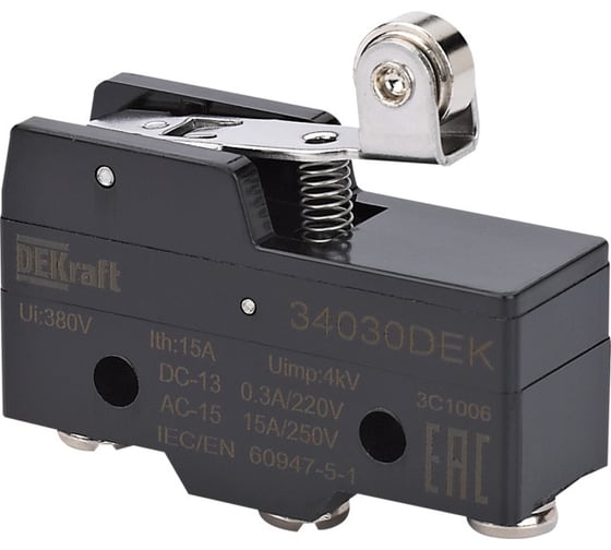 Изображение товара Миниатюрный концевой выключатель Dekraft 1НО1НЗ шарнирного короткого рычажного типа с металлическим роликом 34030DEK