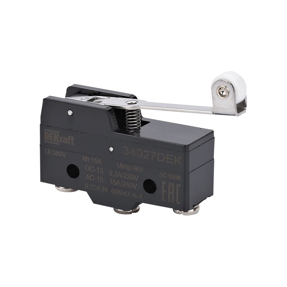 Изображение товара Миниатюрный концевой выключатель Dekraft 1НО1НЗ шарнирного длиннорычажного типа с роликом 34027DEK