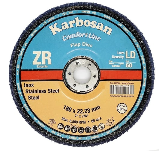 Изображение товара Круг лепестковый КЛТ Karbosan Comfort Line ZR LD Flap Конический 180x22 мм/Р60 INOX (10шт) KAR-982740-10