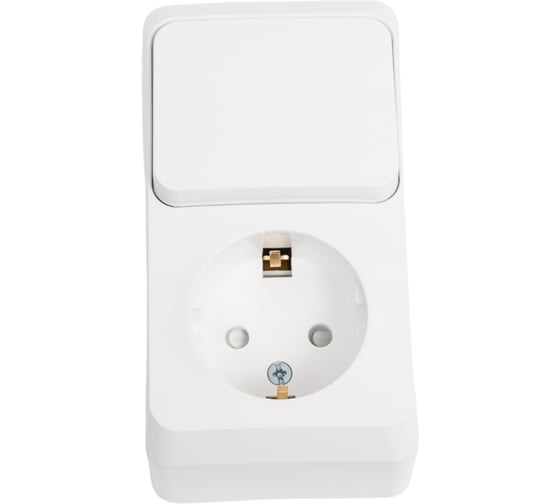 Изображение товара Блок 1-местная розетка + 1-клавишный выключатель Systeme Electric открытой проводки Этюд с заземлением защитные шторки белый BPA16-201B