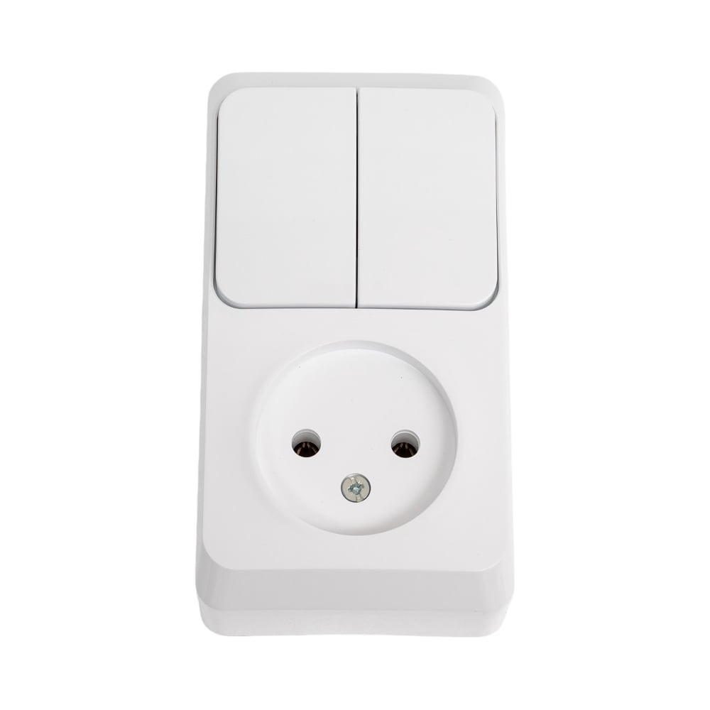 Изображение товара Блок 1-местная розетка + 2-клавишный выключатель Systeme Electric открытой проводки Этюд без заземления белый BPA16-205B
