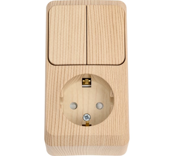 Изображение товара Блок 1-местная розетка + 2-клавишный выключатель Systeme Electric открытой проводки Этюд с заземлением защитные шторки сосна BPA16-202D