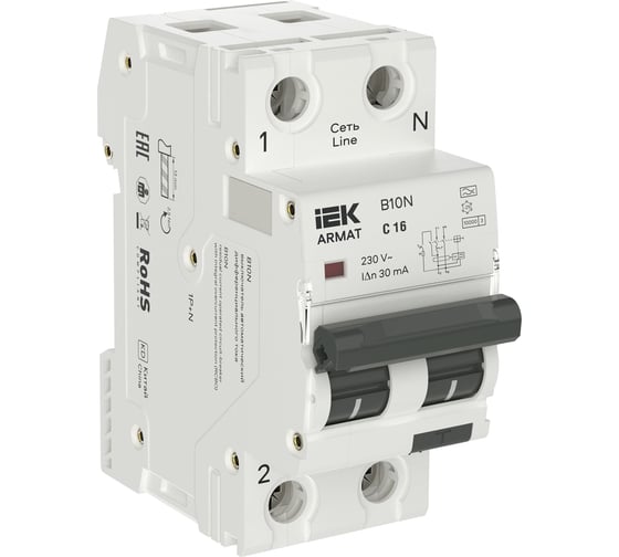 Изображение товара Автоматический выключатель дифференциального тока IEK ARMAT АВДТ B10N 1P+NP C16 30мА тип A (36мм) AR-B10N-1N-C016A030