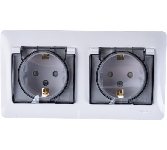 Изображение товара 2-местная розетка Systeme Electric скрытой проводки Glossa 16А IP44 с заземлением защитные шторки в сборе белый GSL000147