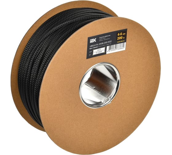 Изображение товара Оплетка кабельная IEK 4-6 мм, полиэстер 200 м, черная UBS10-PL-0406-200-K02