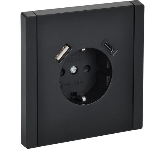 Изображение товара Розетка IEK FORTEPIANO з/к/ш в/к 16А USB A+C 18Вт FP147 черная FP-R14-16-U22-018-K02
