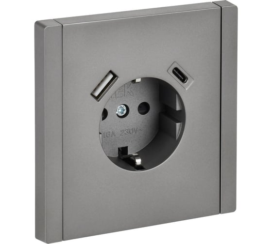 Изображение товара Розетка IEK FORTEPIANO з/к/ш в/к 16А USB A+C 18Вт FP547 сталь FP-R14-16-U22-018-K46