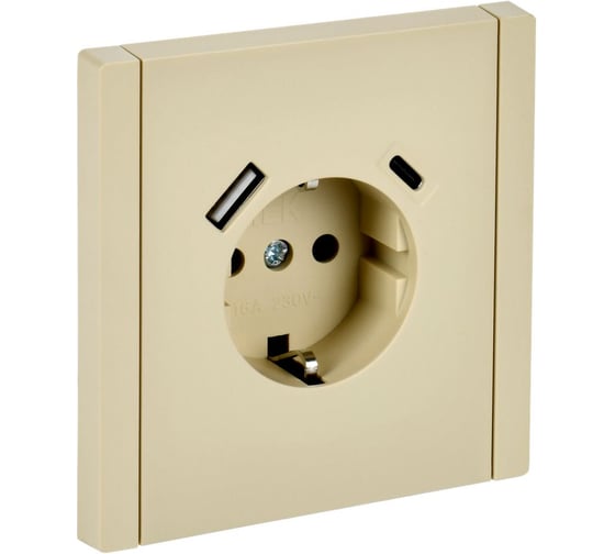 Изображение товара Розетка IEK FORTEPIANO з/к/ш в/к 16А USB A+C 18Вт FP447 ваниль FP-R14-16-U22-018-K10