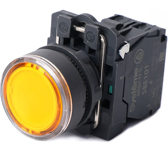 Изображение товара Кнопка Systeme Electric SB5 с подсветкой в сборе, модульная, 22мм, желтая, пластик, 24В DC, 1НО SB5AW35B1