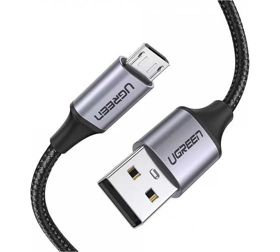 Изображение товара Кабель Ugreen US290 USB 2.0 A to Micro USB Cable Nickel Plating Alu Braid, 3м, серый/черный 60403_