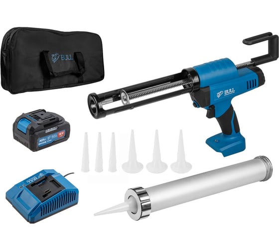 Изображение товара Аккумуляторный пистолет для герметика BULL CG 1860 SET(1x4), сумка, 300/600 мл, 2500 Н, 8,3 мм/с, рег. скор. 1304625