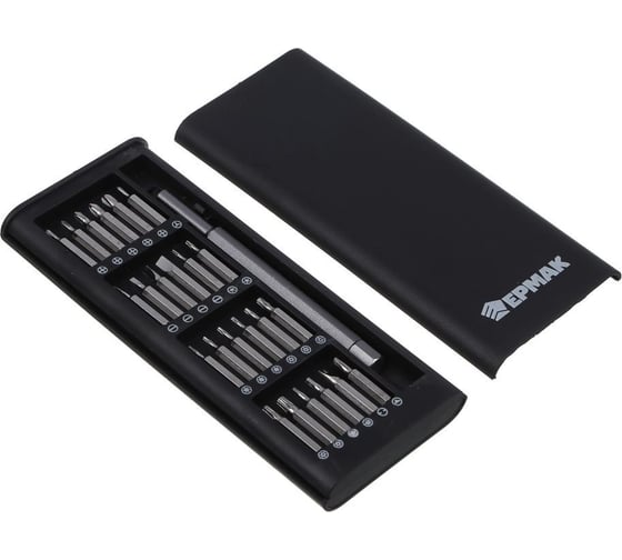 Изображение товара Набор для точных работ 25 в 1 ЕРМАК отвертка + биты 24 шт., никелированные, 25 мм, кейс пластиковый с магнитом 736-265