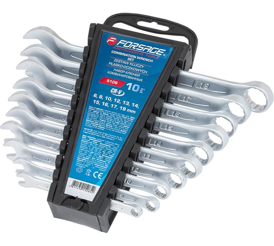 Изображение товара Набор ключей комбинированных Forsage 10 предметов (6, 8, 10, 12-17, 19 мм) на пластиковом держателе F-5106(17112)