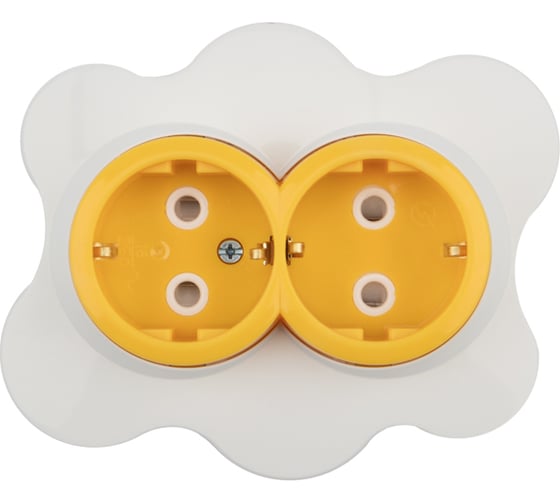 Изображение товара Двойная розетка KRANZ Яичница, с заземлением и защитными шторками, желтая/белая KR-78-0632