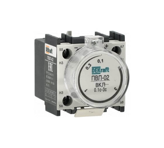 Изображение товара Приставка выдержки времени с задержкой при включении DEKraft ПВЛ-02, 0,1-3 с, 1НО+1НЗ, 10 А 22182DEK