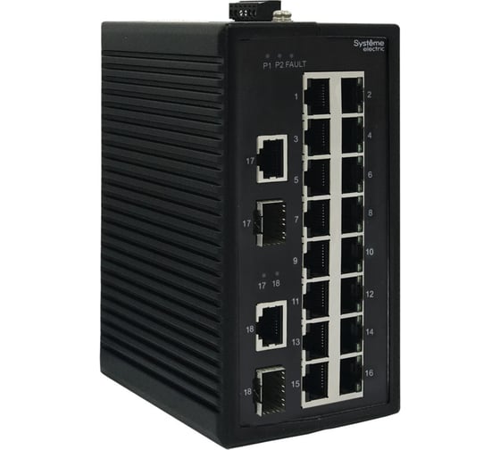 Изображение товара Неуправляемый промышленный коммутатор Systeme Electric Ethernet, 16x10/100BaseT, 2x100/1000BaseX SFP NSETU118T16X02A