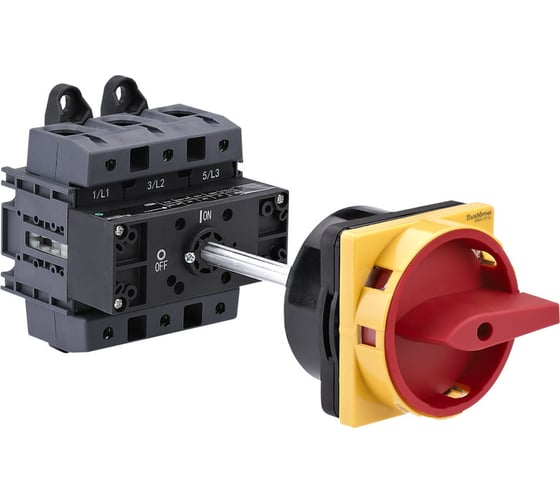 Изображение товара Выключатель-разъединитель Systeme Electric 3P, 125A, IP20, с красной выносной рукоятной на дин-рейке/плате с замком MSD125340R