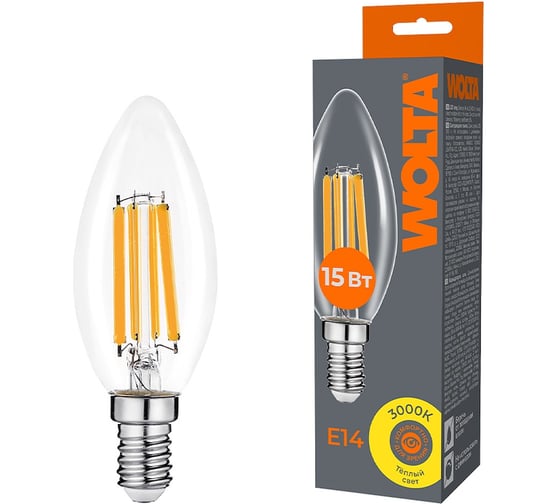 Изображение товара Светодиодная лампа WOLTA FILAMENT 15Вт 3000K Е14 WF-C35-15W3KE14