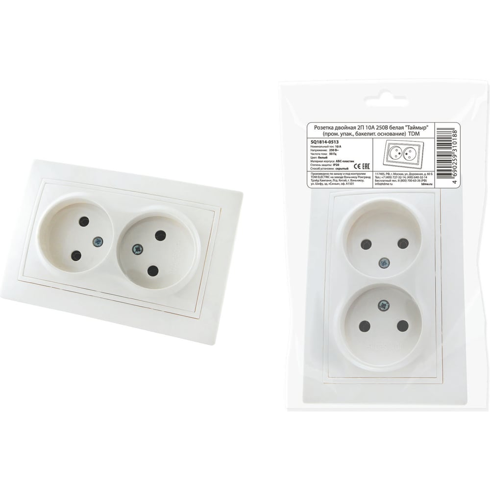 Изображение товара Розетка двойная TDM ELECTRIC 2П 10А 250В белая Таймыр, пром. упак. 200 шт. SQ1814-0513