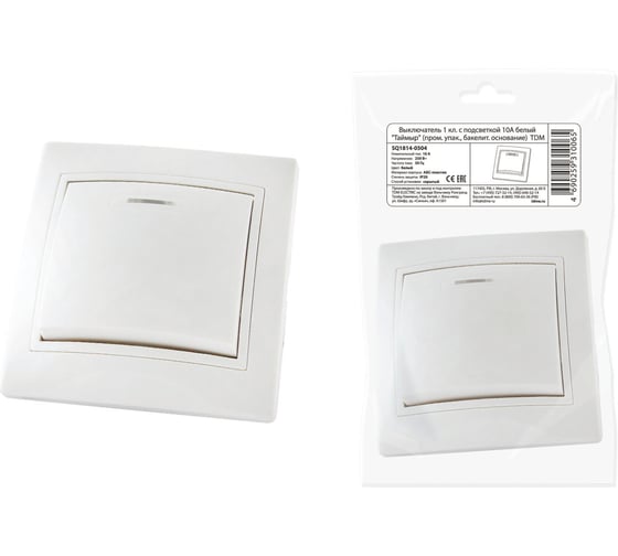 Изображение товара Выключатель 1-клавишный TDM ELECTRIC с подсветкой, 10А, белый Таймыр, пром. упак. 200 шт. SQ1814-0504