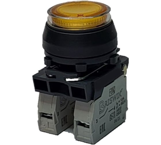 Изображение товара Выключатель Briswik КЕ 171/2м -Л 220В желтый, 1но+1нз, цилиндр, с подсветкой, IP66, УХЛ2, 10А aZ-EB-6Ai-7421