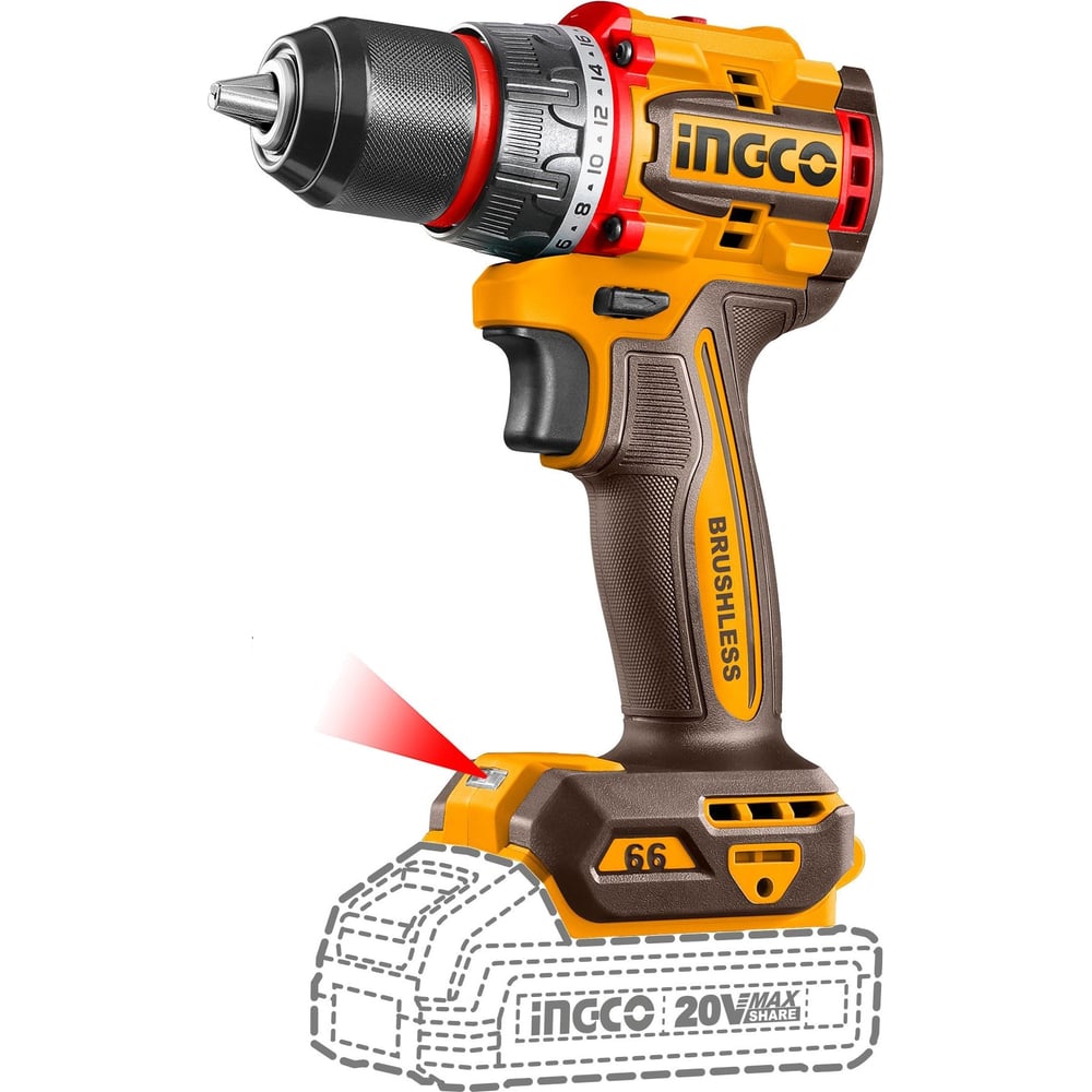 Изображение товара Аккумуляторный шуруповерт INGCO 66 Нм 20B б/щ INDUSTRIAL CDLI206681