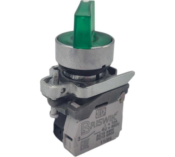 Изображение товара Переключатель Briswik КПЕ 1110 -РЛС 24В зеленый 1но+0нз Ручка с фикс 2-поз с Инд aD-XB-0Ai-3311
