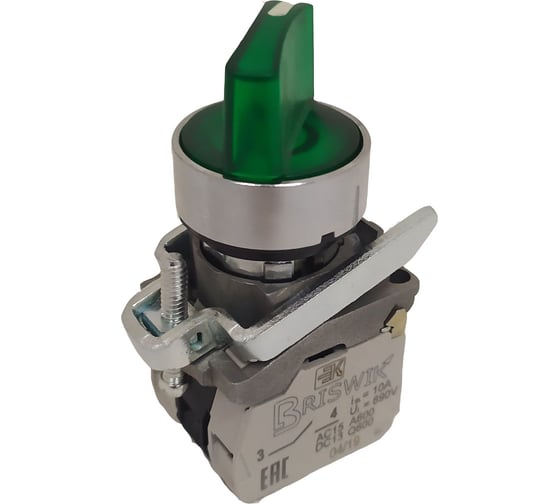Изображение товара Переключатель Briswik КПЕ 1120 -РЛС 220В зеленый 2но+0нз Ручка с фикс 2-поз с Инд aD-XB-0Ai-7322