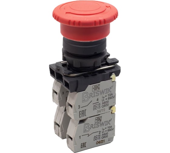 Изображение товара Выключатель кнопочный Briswik КМЕ 5122м -Ф красный 2но+2нз Гриб с фикс IP40 aB-PG-0Ai-0243