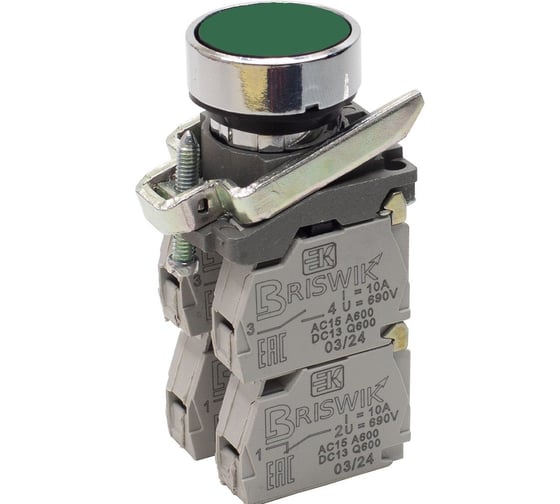 Изображение товара Выключатель кнопочный Briswik КМЕ 4621м -С зеленый 2но+1нз Цилиндр IP65 aD-DB-5Ai-0332