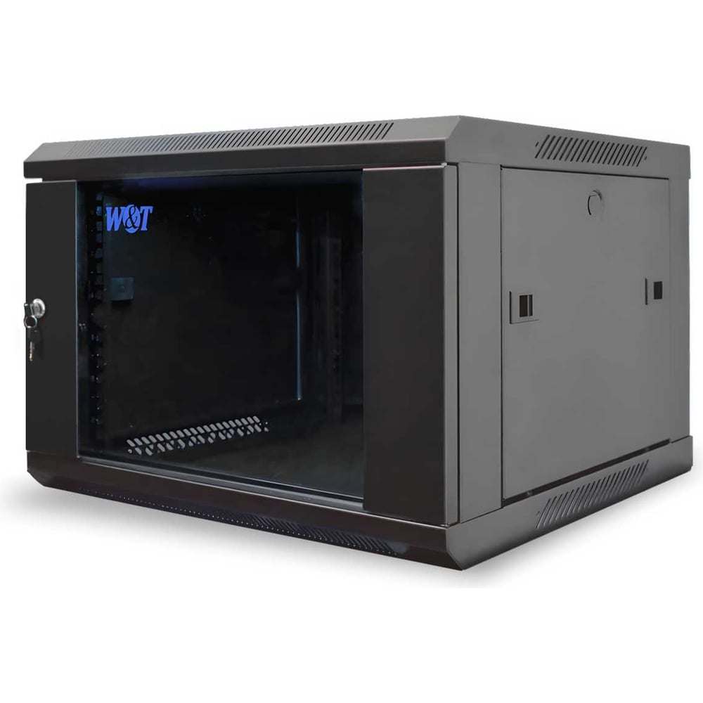 Изображение товара Настенный металлический шкаф W&T 6U 600x600 мм с стеклянной дверью черный