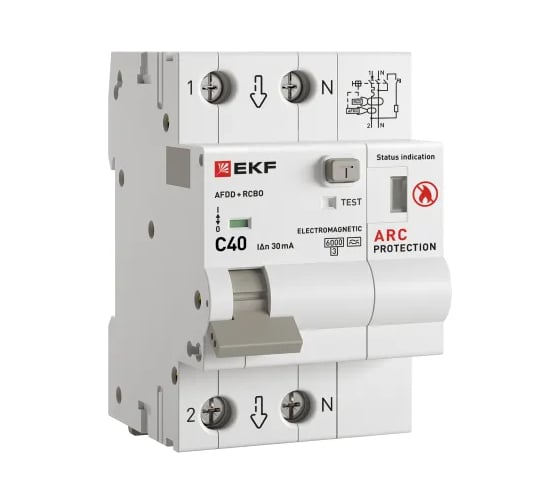Изображение товара Устройство защиты от дугового пробоя с автоматическим выключателем дифференциального тока EKF УЗДП + АВДТ 1P+N 40А 30мА характеристика С тип А 6 кА PROXIMA afdd-rcbo-2-40C-30em-pro