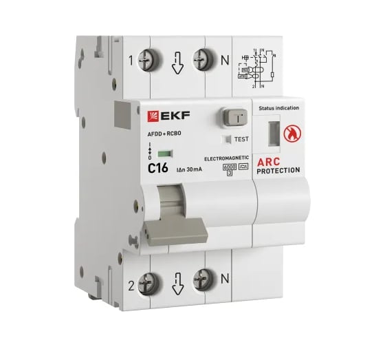 Изображение товара Устройство защиты от дугового пробоя с автоматическим выключателем дифференциального тока EKF УЗДП + АВДТ 1P+N 16А 30мА характеристика С тип А 6 кА PROXIMA afdd-rcbo-2-16C-30em-pro