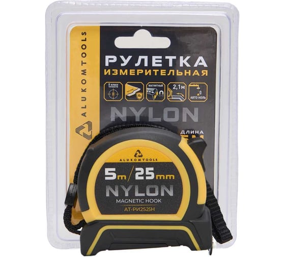 Изображение товара Рулетка измерительная ALUKOMTOOLS 5мх25мм, нейлоновое покрытие, магнитный зацеп АТ-РИ2525Н