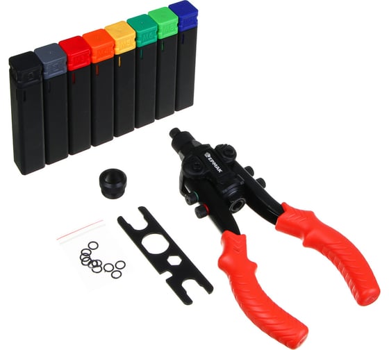 Изображение товара Заклёпочник двуручный для вытяжных и резьбовых заклёпок ЕРМАК насадки: 2.4,3.2,4.0,4.8,6.4 мм 648-054