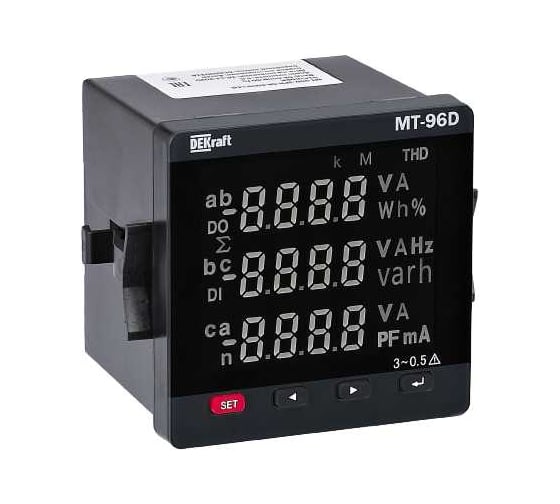Изображение товара Мультиметр DEKraft 96x96мм трехфазный, вход 600В 5А, THD+multi-tariff, RS485+DO, МТ-96D 51509DEK