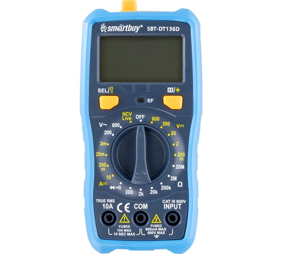 Изображение товара Мультиметр Smartbuy DT136, противоударный, многофункциональный, в комплекте щупы, эл. питания, Tools SBT-DT136D