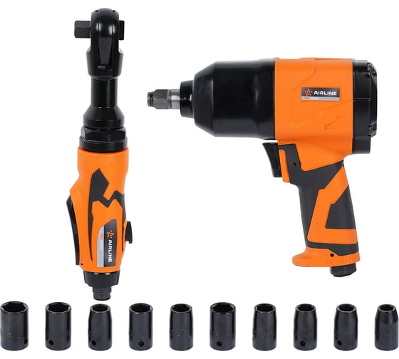 Изображение товара Гайковерт пневматический ударный композитный Airline 1/2DR 330Нм, трещотка пневм. 1/2DR 80Нм PRO 17пр. кейс ATBR089