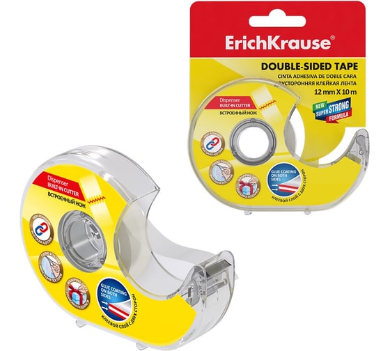 Изображение товара Двусторонняя клейкая лента ErichKrause прозрачная, 12ммх10м, в диспенсере 58752