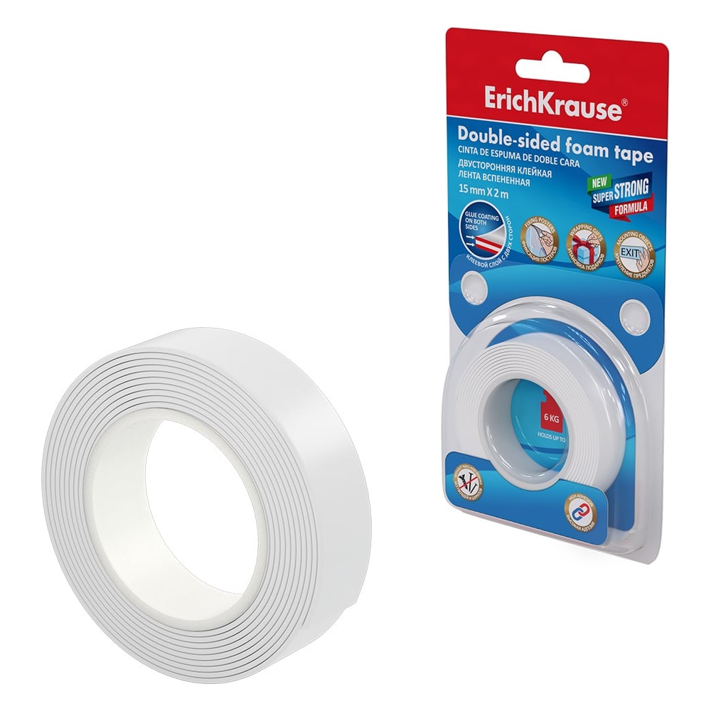 Изображение товара Двусторонняя клейкая лента на вспененной основе ErichKrause 15ммx2м белая