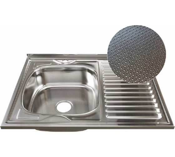 Изображение товара Мойка MIXLINE ДЕКОР 80х60 см, (толщина стали 0,6мм) левый выпуск 3 1/2, глубина 16см, с сифоном 555234