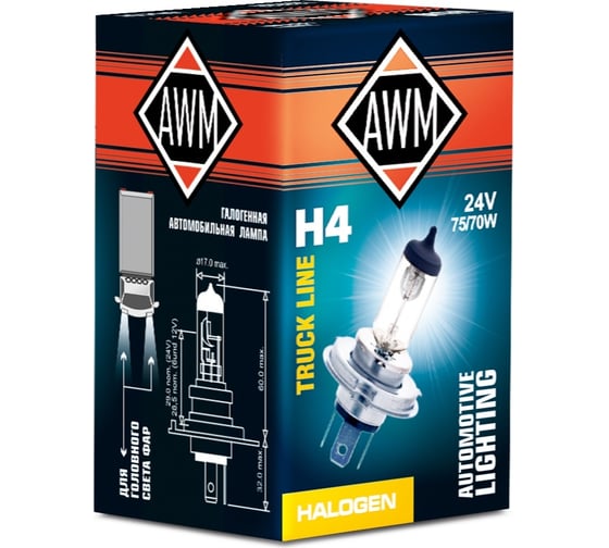 Изображение товара Лампа AWM галогенная, H4, 24 В, 75/70 Вт, P43T 410300018