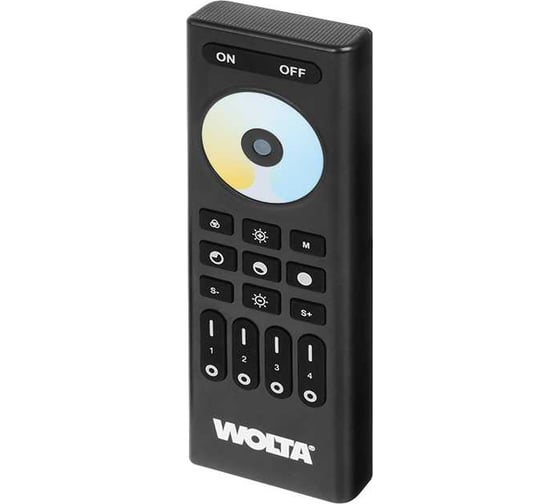 Изображение товара Двухканальный Пульт Wolta SMART для светодиодных лент MONO/CCT, 4 зоны управления, IP20, 2,4ГГц, цвет черный, артикул WRC-03/BK