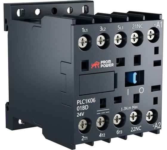 Изображение товара Миниконтактор Prompower серии Pulse, ток 6А, 3 полюса, доп контакт 1НЗ, катушка 24DC PLP1K0601BD